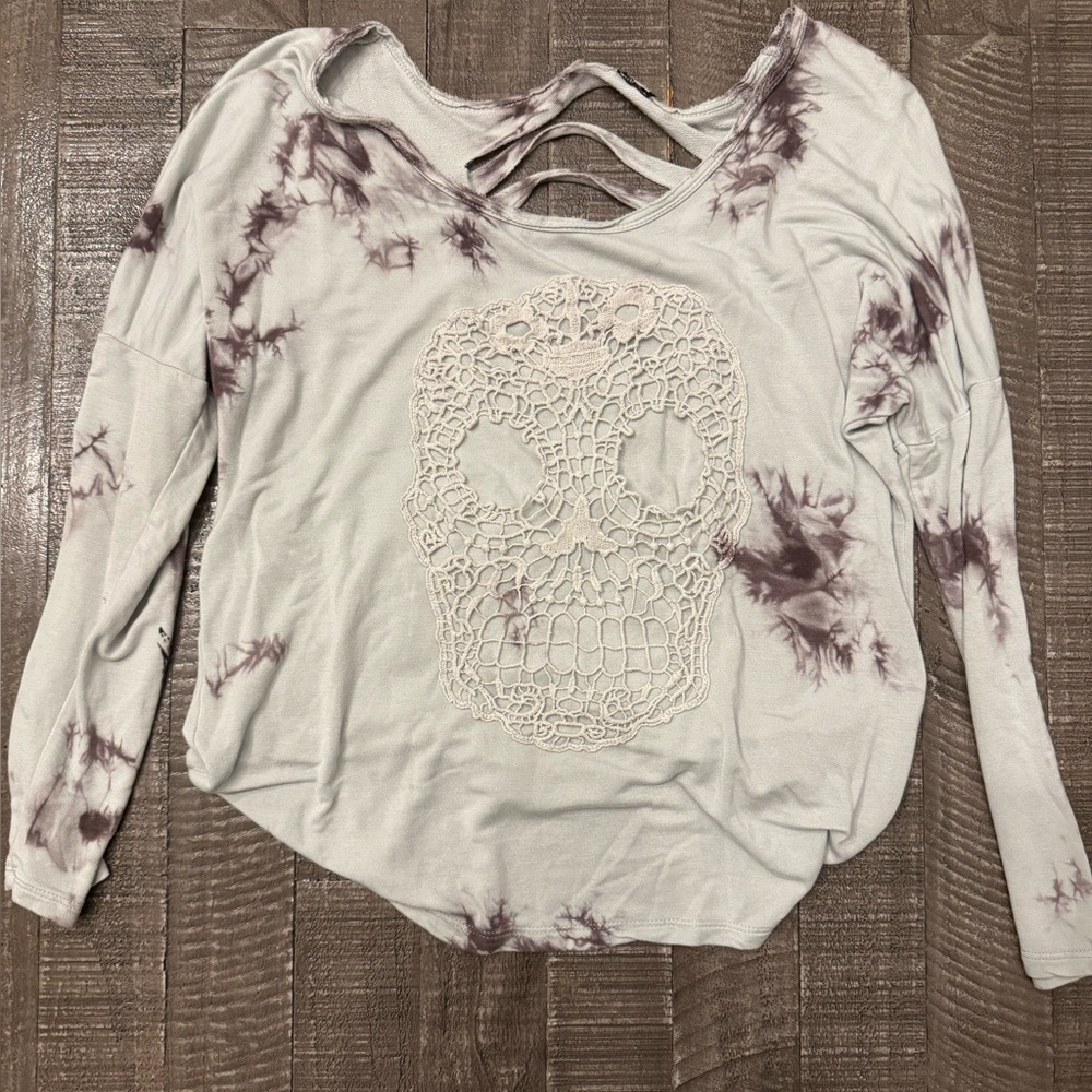 Harley Davidson Tie-Dye Skull Lace Long Sleeve Distressed Top